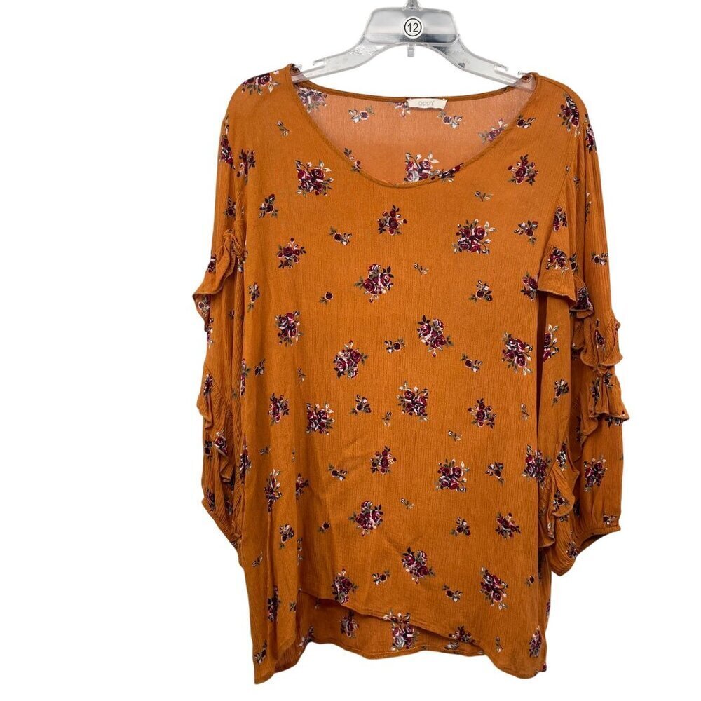 ODDY Floral Pullover Blouse 3/4 Ruffle Sleeve Orange/Multi Size Large